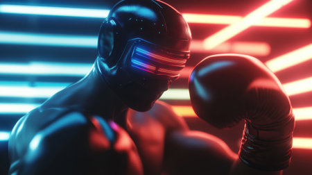 A dynamic image of a futuristic robot boxer showcasing advanced technology and agility. The vibrant neon lights create a striking atmosphere of competition and innovation.の素材