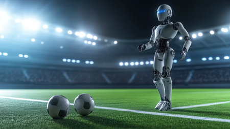 A futuristic robot soccer player stands poised to shoot a ball on the field during a dynamic sports event, showcasing innovation and technology in athletics.の素材