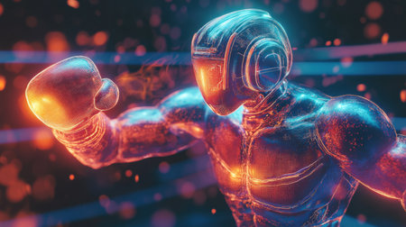 A dynamic image of a glowing robotic boxer landing a powerful hook, capturing the essence of futuristic sports competition and mechanical strength.の素材
