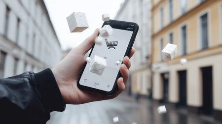 A hand holds a smartphone displaying a shopping cart icon, set against an urban backdrop. The scene captures the essence of modern digital shopping and connectivity.の素材
