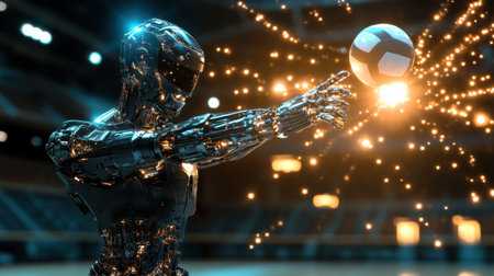 A futuristic robot demonstrates high-speed action while serving a volleyball in an arena setting, highlighting technology and motion in sports.の素材