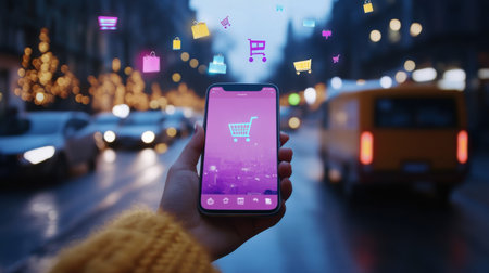 A hand holds a smartphone displaying vibrant shopping icons in an urban setting, highlighting the fusion of technology and shopping experiences.の素材