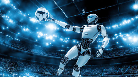 A futuristic robot volleyball player spikes the ball mid-air in a dynamic arena setting. This artwork captures the essence of advanced technology and sport.の素材