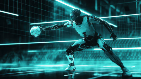 A cutting-edge robot volleyball player prepares for an intense match, showcasing agility and advanced technology in a futuristic sports environment.の素材