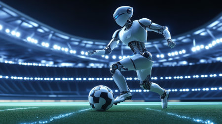 A futuristic robot player expertly controls a soccer ball on a vibrant stadium field, showcasing advanced technology and dynamic movement in the world of sports.の素材