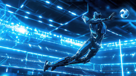 A futuristic robot player leaps into action, showcasing agility and precision while diving to save a volleyball in a high-tech arena, illuminated with dynamic lights.の素材