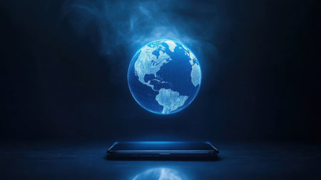 A stunning holographic globe projection floats above a device, showcasing digital artistry and advanced technology in a captivating blue light atmosphere.の素材