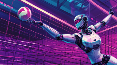 A dynamic scene featuring a metallic robot gracefully spiking a volleyball, showcasing athleticism and futuristic design in a vibrant, neon-lit environment.の素材