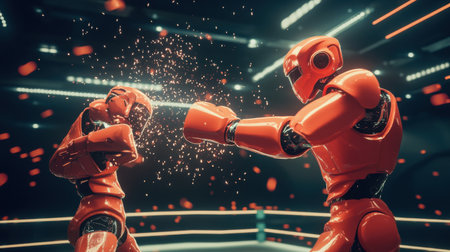 A powerful robotic boxer delivers a knockout punch in a vivid arena, showcasing high-energy action and advanced technology in an animated showdown.の素材