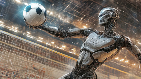 A dynamic scene showcasing a metallic robot player gracefully striking a volleyball, embodying the fusion of technology and athleticism in a competitive arena.の素材