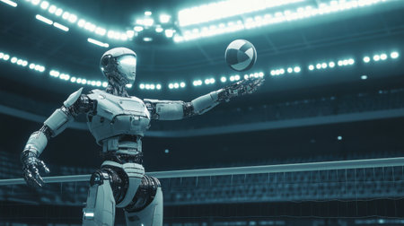 A futuristic robot player demonstrates a flawless jump while hitting a volleyball in a high-tech sports arena, showcasing athletic precision and advanced technology.の素材