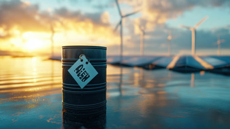 A striking image of an oil barrel with a price tag, symbolizing rising costs against a beautiful sunset with renewable energy sources in the background.の素材