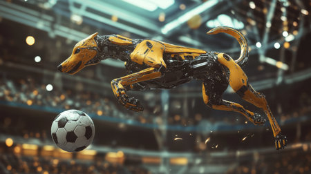 A futuristic robotic dog leaps gracefully in mid-air, aiming to head a soccer ball. This dynamic image captures the excitement of sports and technology in action.の素材
