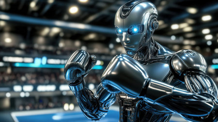 A robotic boxer stands poised and ready for competition in a high-tech arena. This image captures the essence of innovation in sports technology, showcasing the blend of strength and design.の素材