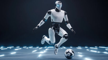 A sleek robot soccer player expertly dribbles a ball, showcasing advanced technology and dynamic movement in a futuristic sports environment.の素材