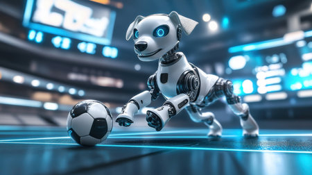 A sleek robotic dog skillfully dribbles a soccer ball, showcasing agility and playfulness in a high-tech sports environment filled with glowing elements.の素材