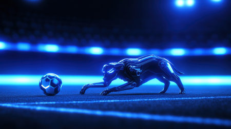 A futuristic robotic dog skillfully maneuvers on a soccer field, showcasing advanced technology and agility as it interacts with a soccer ball under vibrant blue lights.の素材