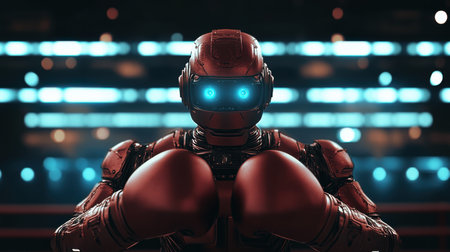 A robotic boxer stands ready in a high-tech arena, showcasing advanced design and technology. This dynamic image captures the essence of futuristic sports and competition.の素材