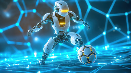A dynamic scene featuring a futuristic robot soccer player showcasing quick movement and advanced technology on a digitally connected field.の素材