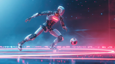 A dynamic futuristic robot soccer player dribbling a ball in a vibrant neon-lit environment. This digital illustration captures the essence of technology and sports.の素材
