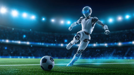 A futuristic robot soccer player showcases agility and skill on the field, dynamically dodging opponents and preparing to kick the ball in an exciting match.の素材