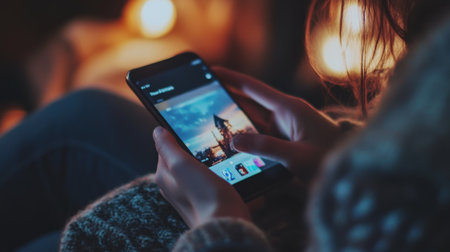 A student engages with a smartphone to access educational content, highlighting the intersection of technology and learning in a cozy environment.の素材