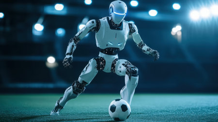 A skillful futuristic robot soccer player in dynamic action on the field. This image captures the essence of technology meeting sports in an exciting manner.の素材