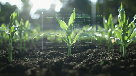 Discover the early growth stage of corn plants thriving in a sunny field, enhanced by digital technology, showcasing the future of agriculture and sustainability.の素材