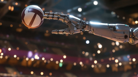 A close-up of a metallic robot hand capturing a volleyball in a dynamic sports setting, showcasing the blend of technology and athleticism in action.の素材