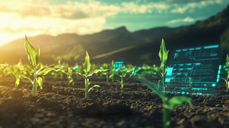 A serene cornfield at sunset featuring young plants enhanced by technology, showcasing the harmony between nature and innovation in modern agriculture.の素材