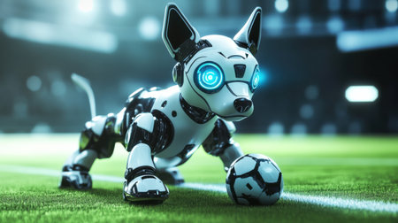 A cute robotic dog prepares for a soccer game on a vibrant green field. With glowing eyes and agile design, it embodies the fusion of technology and playfulness in sports.の素材