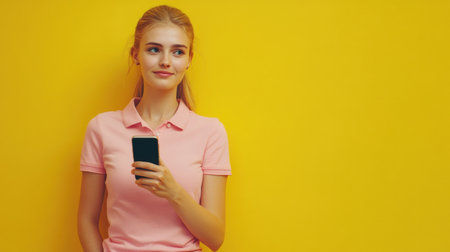 A young woman in a simple polo shirt holds a smartphone against a vibrant yellow background, radiating joy and confidence. Perfect for lifestyle themes.の素材