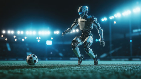 A sleek robot soccer player showcases skill and agility while dodging opponents on the field during an electrifying nighttime match, highlighting advanced technology and sport.の素材
