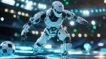 A sleek robot soccer player skillfully dodges opponents on the field, showcasing advanced agility and technology in a vibrant, action-packed arena.の素材