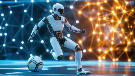 A high-tech robot soccer player showcases advanced skills on a vibrant digital field, emphasizing innovation and agility in futuristic sports technology.の素材