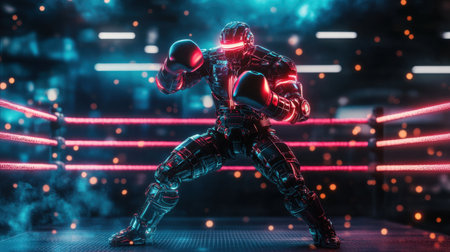 A dynamic futuristic robot boxer positioned in an illuminated ring, ready to throw a powerful punch. The scene combines technology with an athletic spirit.の素材