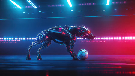 A futuristic robotic dog skillfully maneuvers a soccer ball in a vibrant, neon-lit setting, showcasing advanced technology and dynamic motion in a playful sport scenario.の素材