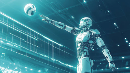 A futuristic robot player executes a mid-block move in a volleyball match, showcasing advanced technology and athleticism in a dynamic sports environment.の素材