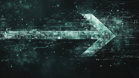This futuristic arrow symbolizes upward movement and growth in a digital landscape. Ideal for business, technology, and innovation themes, conveying progress and success.の素材
