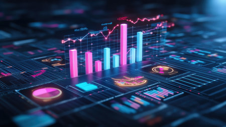 Abstract glowing circuit board featuring vivid data visualization elements, including graphs and charts, illustrating modern technology and digital analysis.の素材