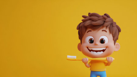 This colorful 3D illustration features a cheerful cartoon child holding a toothbrush against a bright yellow background, promoting fun dental hygiene.の素材