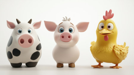 This close-up image features three funny cartoon animals: a cow, a pig, and a chicken. Their vibrant colors and cheerful expressions create a playful and adorable scene, perfect for children's themes or farm-related projects.の素材