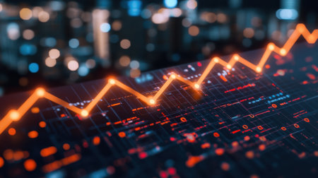 This image features an upward moving arrow on a digital background, symbolizing business growth and progress. The vibrant colors and abstract design reflect modern finance dynamics.の素材