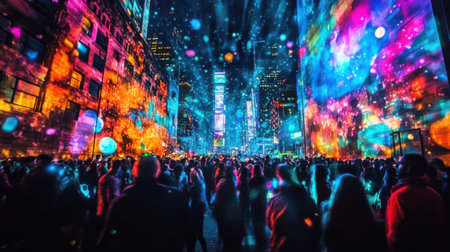 Experience a vibrant dance floor scene overflowing with energy, people, and stunning colorful lights. This captivating urban setting embodies celebration and joy.の素材