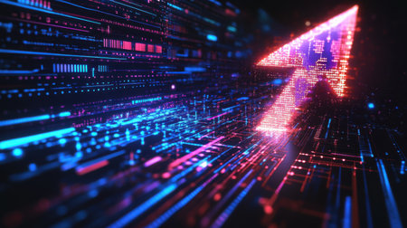 A vibrant upward pointing arrow made of circuit patterns, symbolizing technology and progress. This digital illustration features a dynamic and futuristic design.の素材