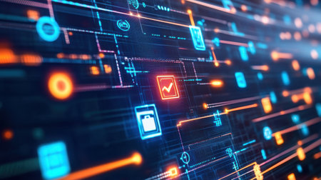 This abstract image features a vibrant circuit design with glowing elements, ideal for technology and innovation themes. Perfect for digital and tech projects.の素材