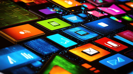 Explore a vibrant 3D vector display showcasing colorful app icons for smartphones and laptops. Perfect for technology and digital design themes.の素材