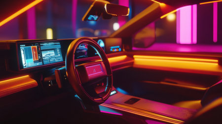 Explore a futuristic car interior design featuring innovative technology and a vibrant ambiance. The sleek layout showcases a stunning dashboard without a steering wheel.の素材