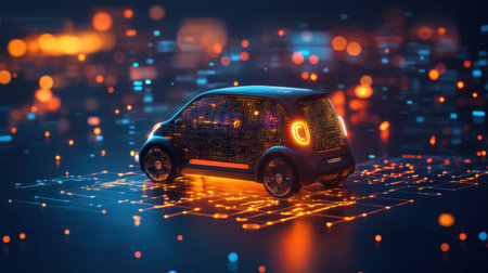 A futuristic smart car is surrounded by glowing data lines, showcasing the blend of technology and innovation in transportation. The design highlights connectivity and energy efficiency in a modern urban environment.の素材
