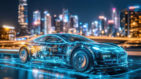 A futuristic smart car illuminated by glowing data lines in a vibrant urban environment at night, showcasing innovative design and advanced technology.の素材